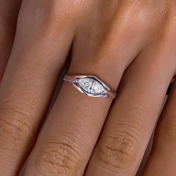1cttw Marquise Cut Moissanite D Color VVS1 Clarity Silver Wedding Ring - Picture 5 of 6